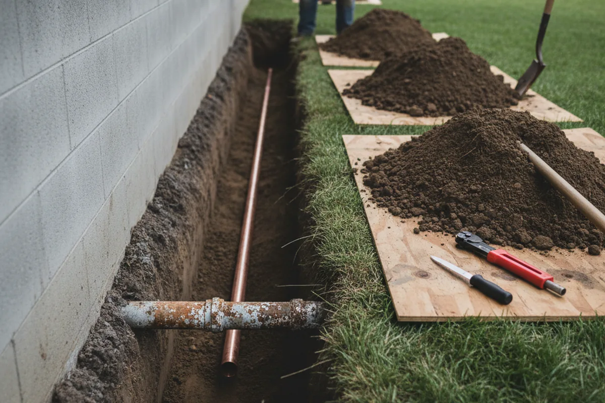 Excavated water line trench during Sewer Line Repair in Sugarloaf